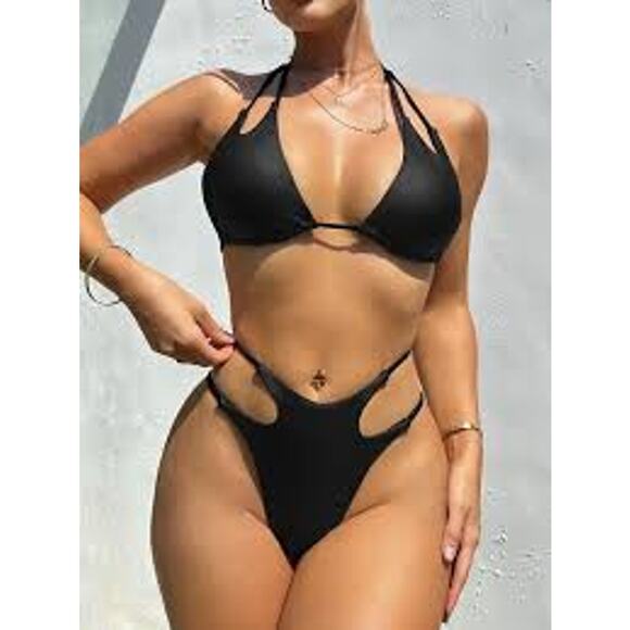 SEXY Two Piece Bikini Set EDGY GOTH GRUNGE Black Size Medium / m NIP NEW - Picture 1 of 5